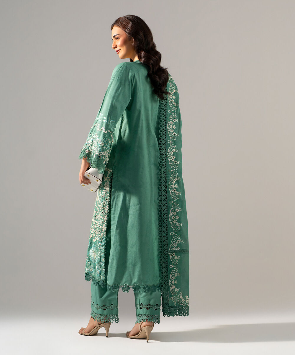 Women's RTW Self Jacquard Solid Embroidered Sand Green 3 Piece Suit