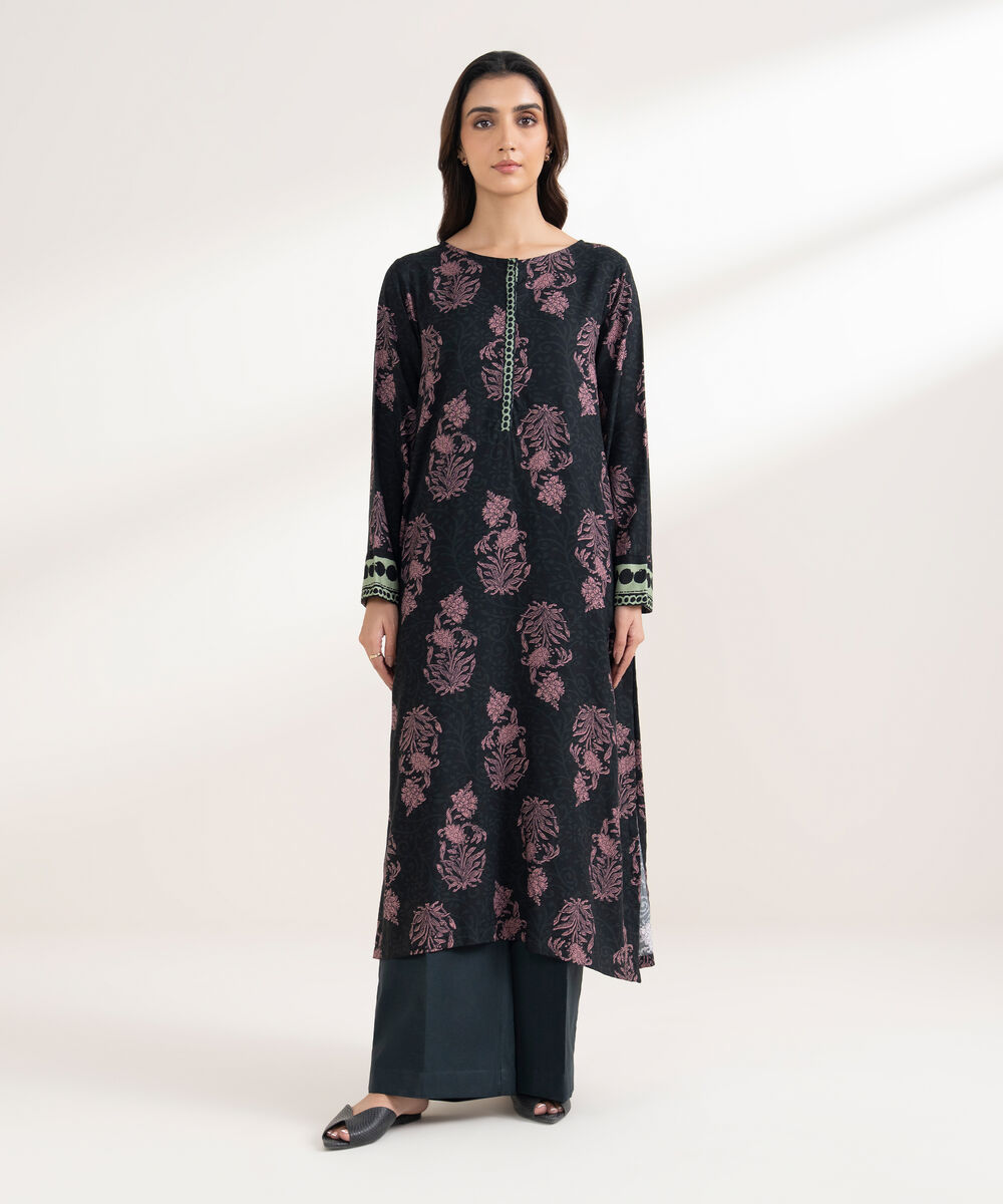 Women's RTW Viscose Linen Printed Straight Black Shirt