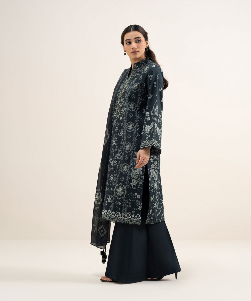 Women's Unstitched Lawn Embroidered Black and Grey 3 Piece Suit