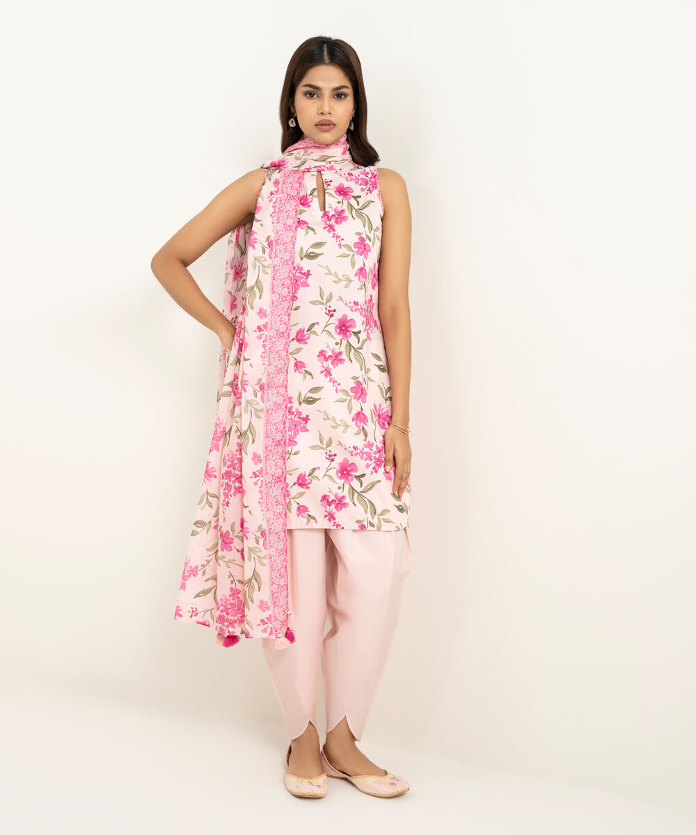Women's Unstitched Lawn Printed Pink 3 Piece Suit