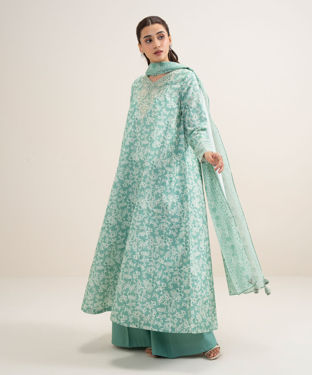 Women's Unstitched Lawn Embroidered Aqua Green 3 Piece Suit