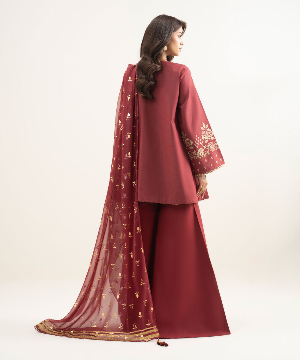 Women's Unstitched Zari Lawn Embroidered Red 3 Piece Suit