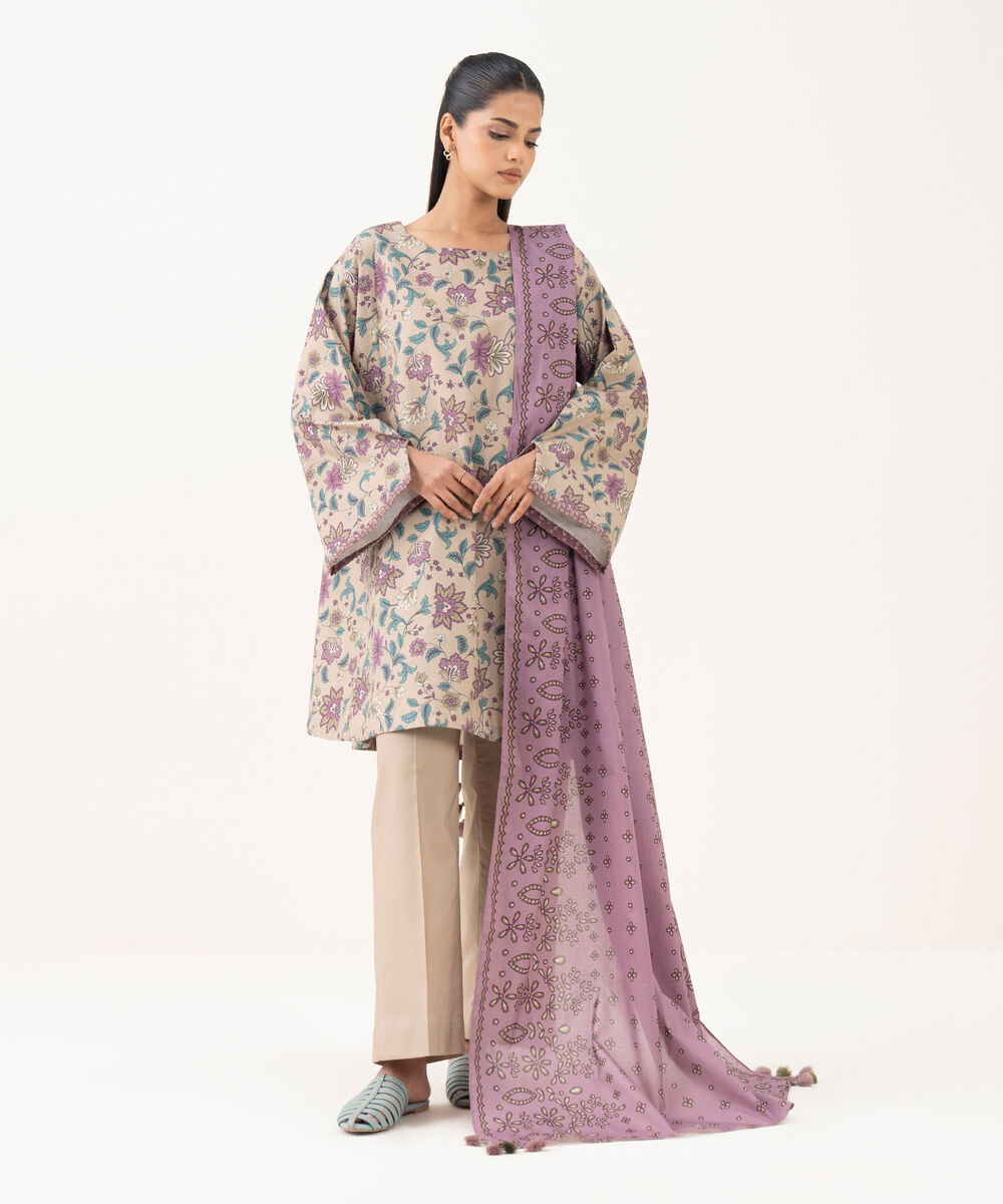 Women's Unstitched Cotton Printed Beige  Three Piece Suit