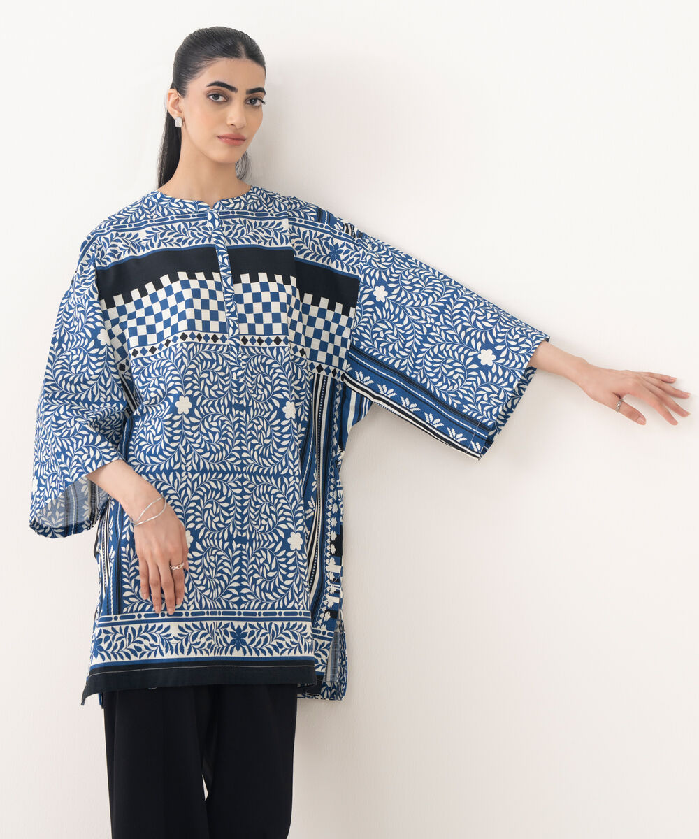 Women's RTW Light Khaddar Blue Printed Drop Shoulder Shirt