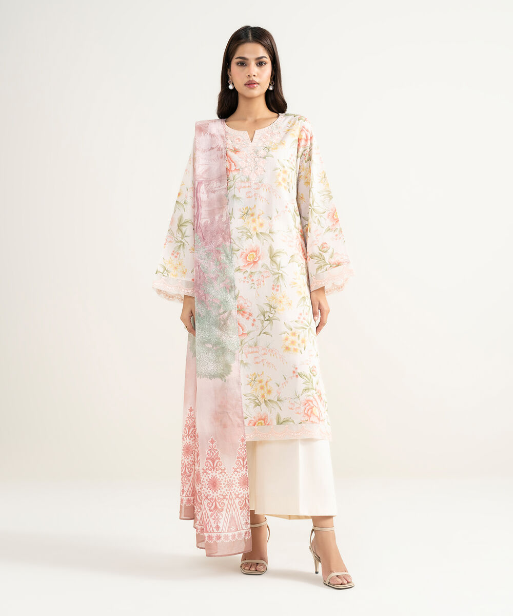 Women's Unstitched Lawn Embroidered Light Pink 2 Piece Suit