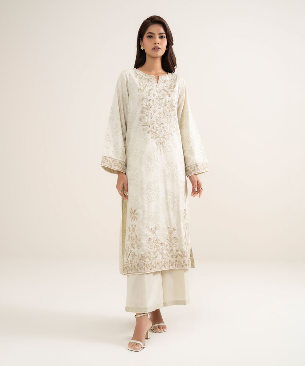Women's RTW Lawn Embroidered Beige A-Line Shirt