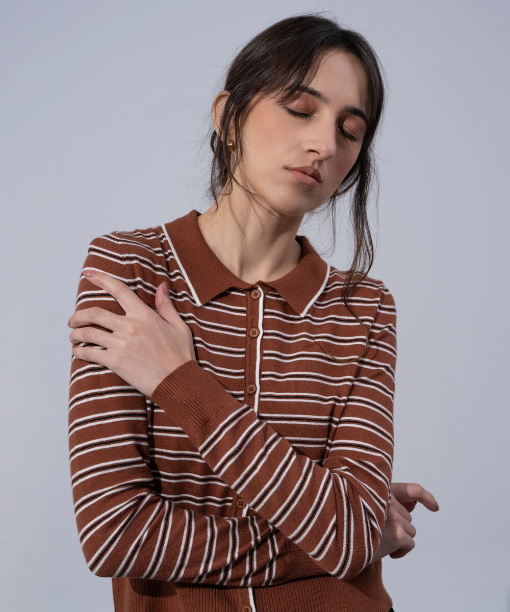 Women's Western Wear Brown And Black Striped Knit Cardigan