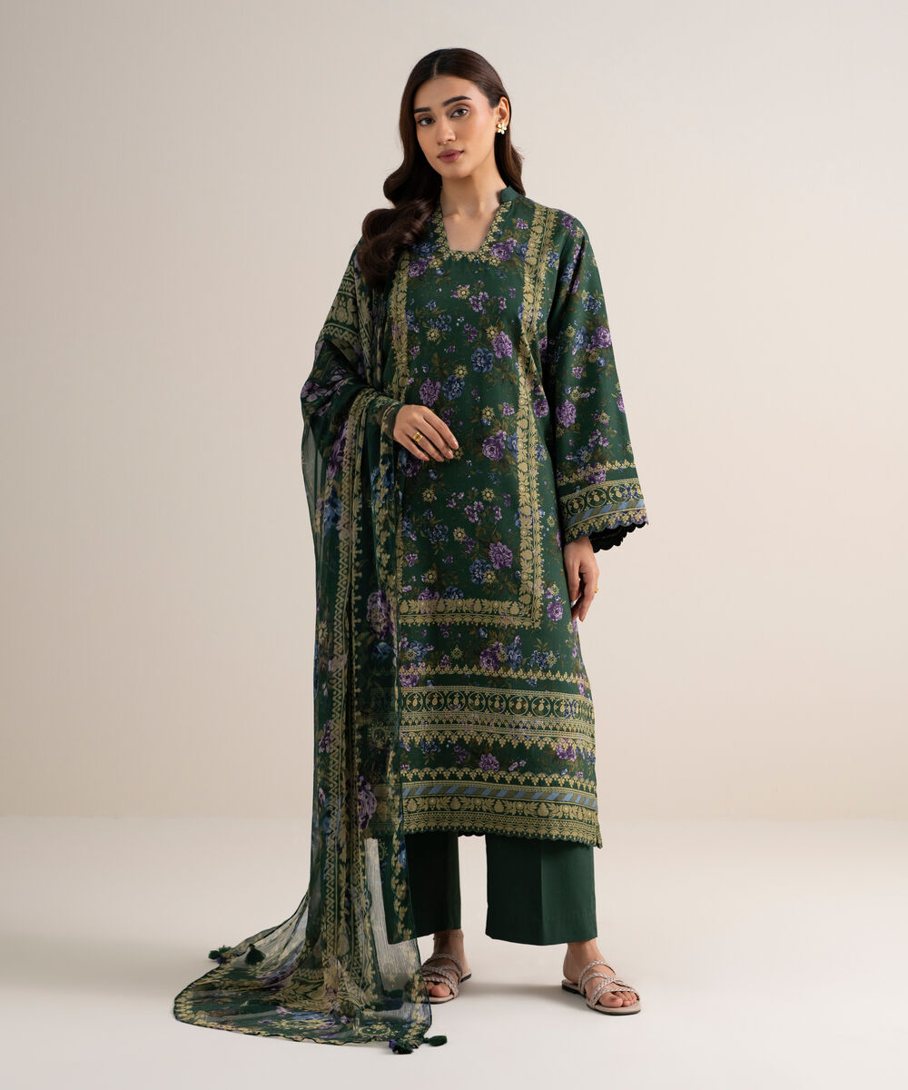 Women's Unstitched Arabic Lawn Printed Green