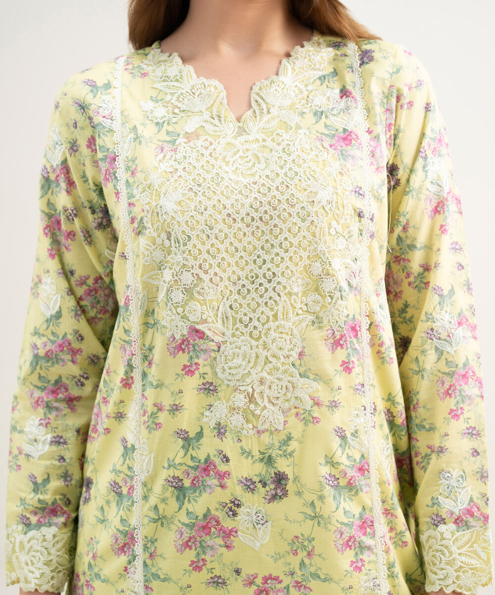 Women's RTW Lawn Embroidered Yellow A-Line Shirt