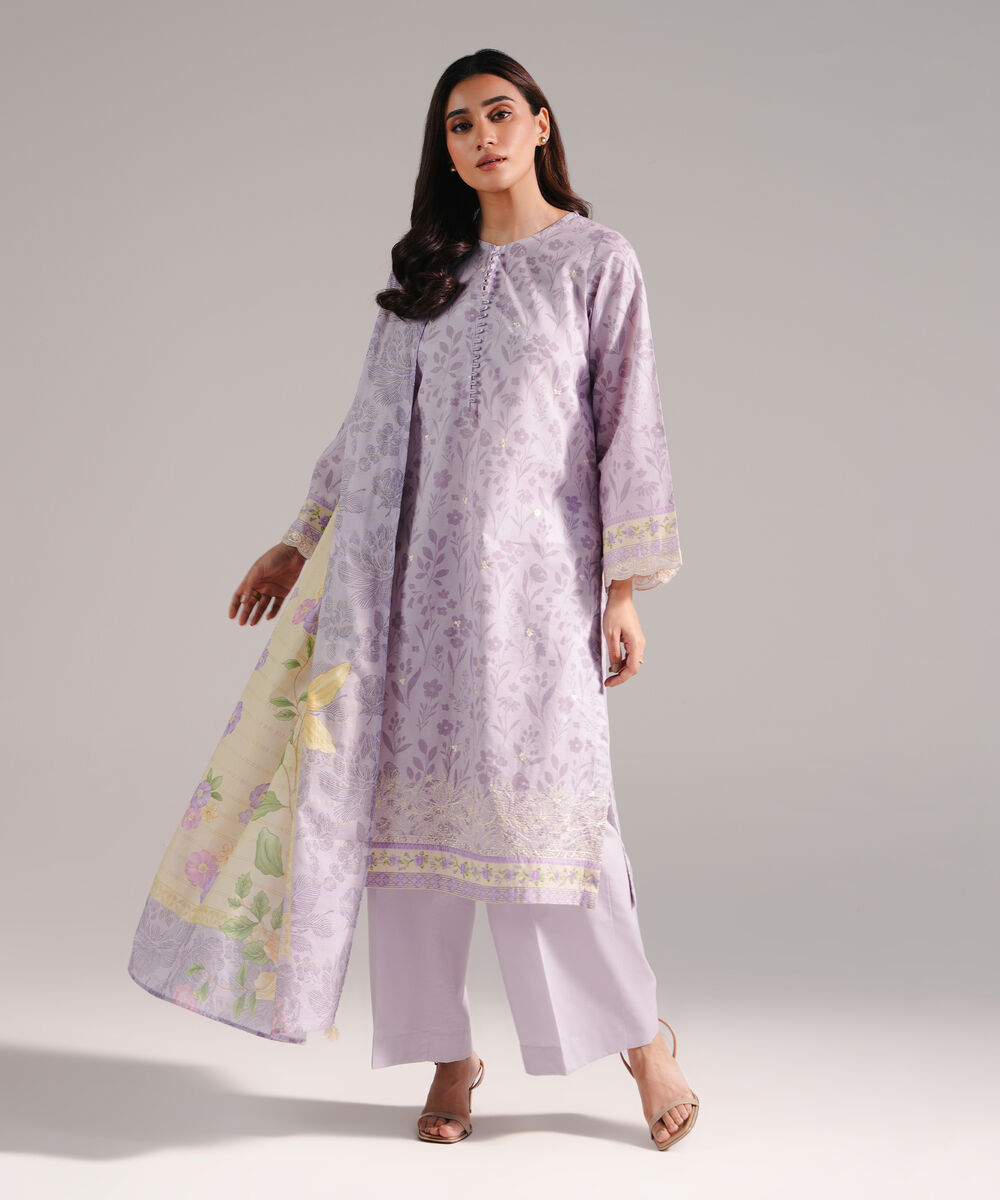 Women's RTW Lawn Printed Lilac 3 Piece Suit