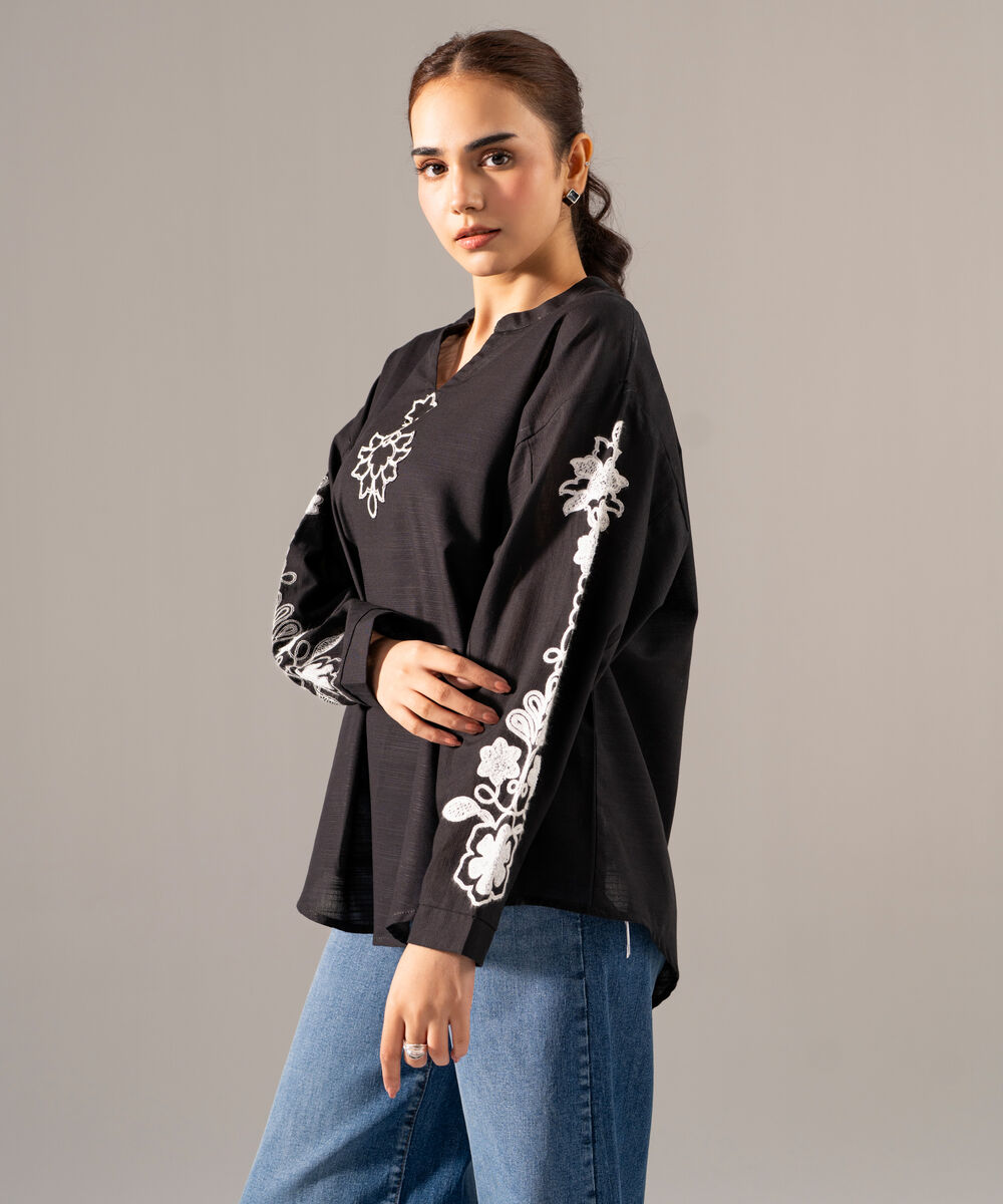 Women's RTW Khaddar Solid Embroidered Black Drop Shoulder Shirt
