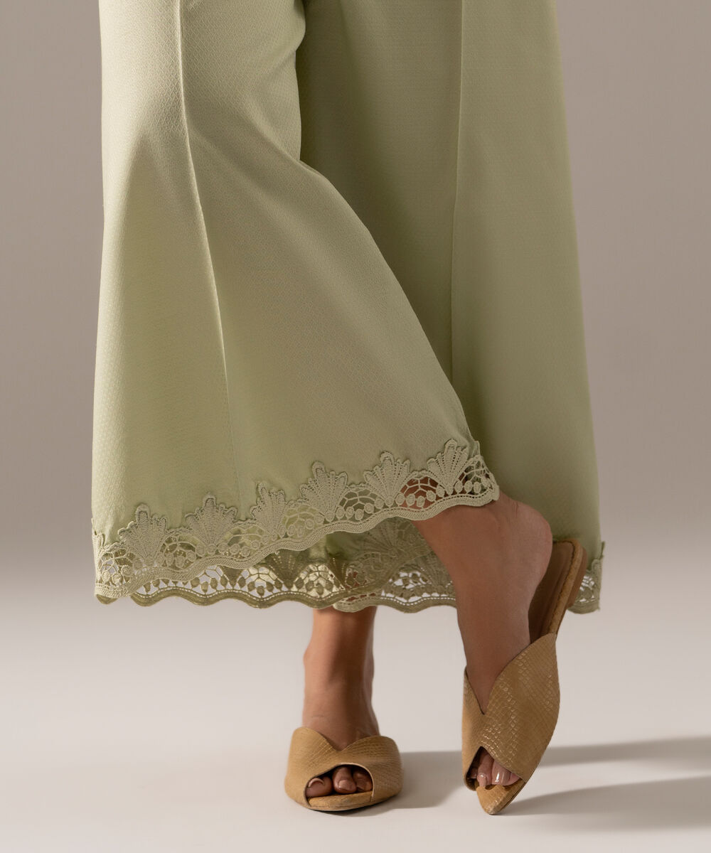 Women's RTW Dobby Solid Green Flared Pants