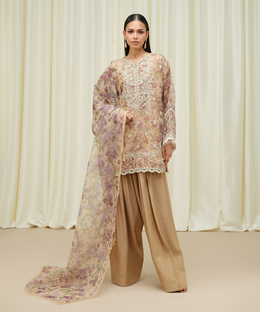 Women's Unstitched Blended Organza Embroidered Beige 3 Piece Suit