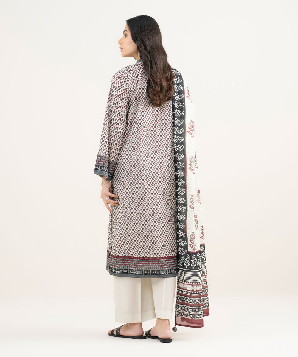 Women's RTW Lawn Printed White 3 Piece Suit