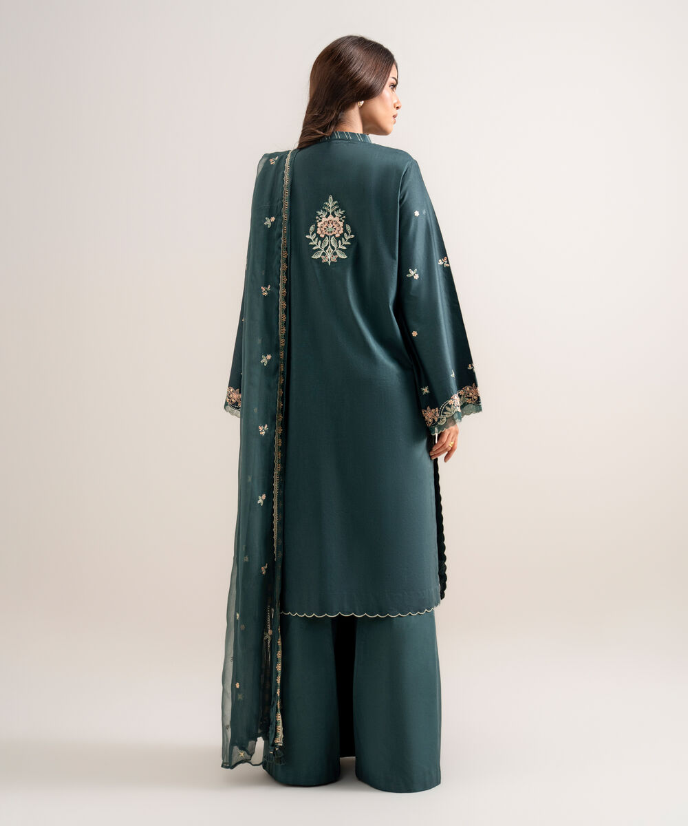 Women's Unstitched Embroidered Cotton Viscose Teal Green 3 Piece Suit