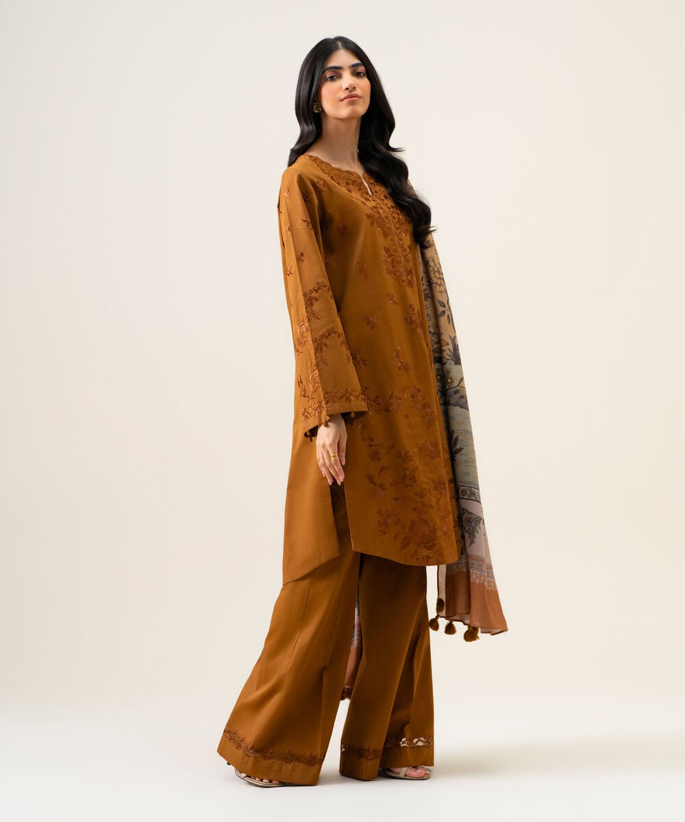 Women's Unstitched Cotton Twill Embroidered Mustard 3 Piece Suit
