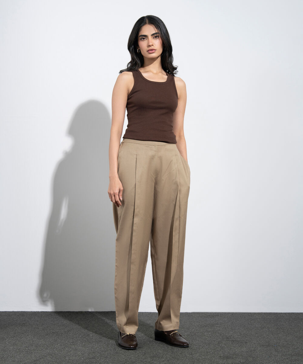 Women's Western Sand Pleated Barrel Linen Blend Trousers
