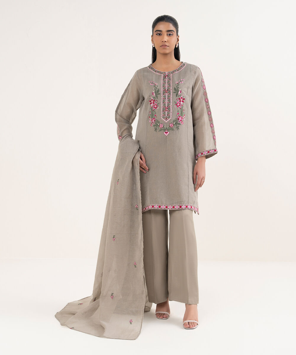Women's RTW Blended Textured Karandi Embroidered Straight Grey Shirt