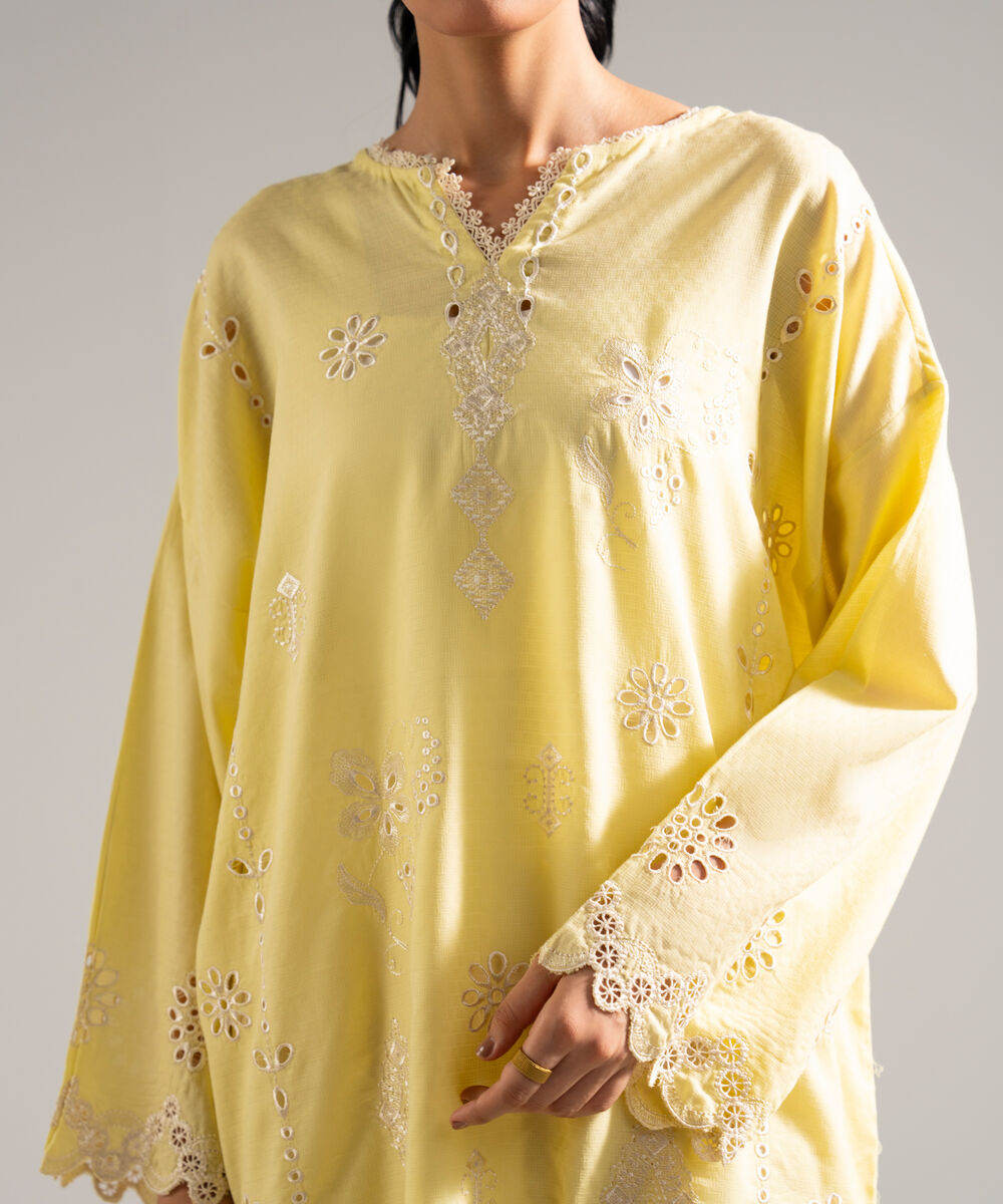 Women's RTW Dobby Embroidered Yellow Drop Shoulder Shirt