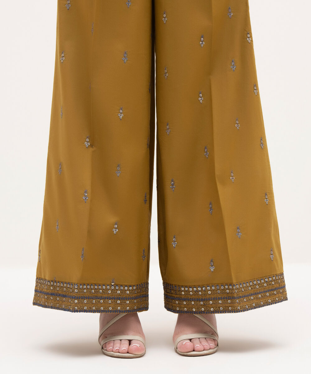Women's RTW Cambric Mustard Embroidered Flared Pants