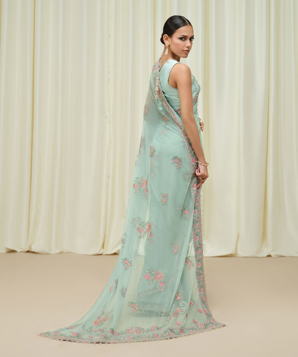 Women's Unstitched Embroidered Net Blue Saree