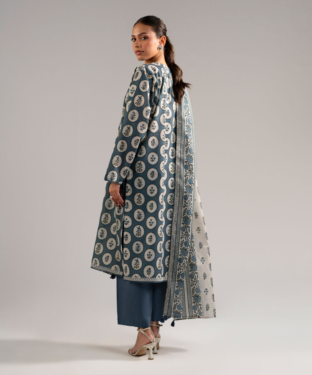 Women's RTW Slub Lawn Embroidered Blue 3 Piece Suit