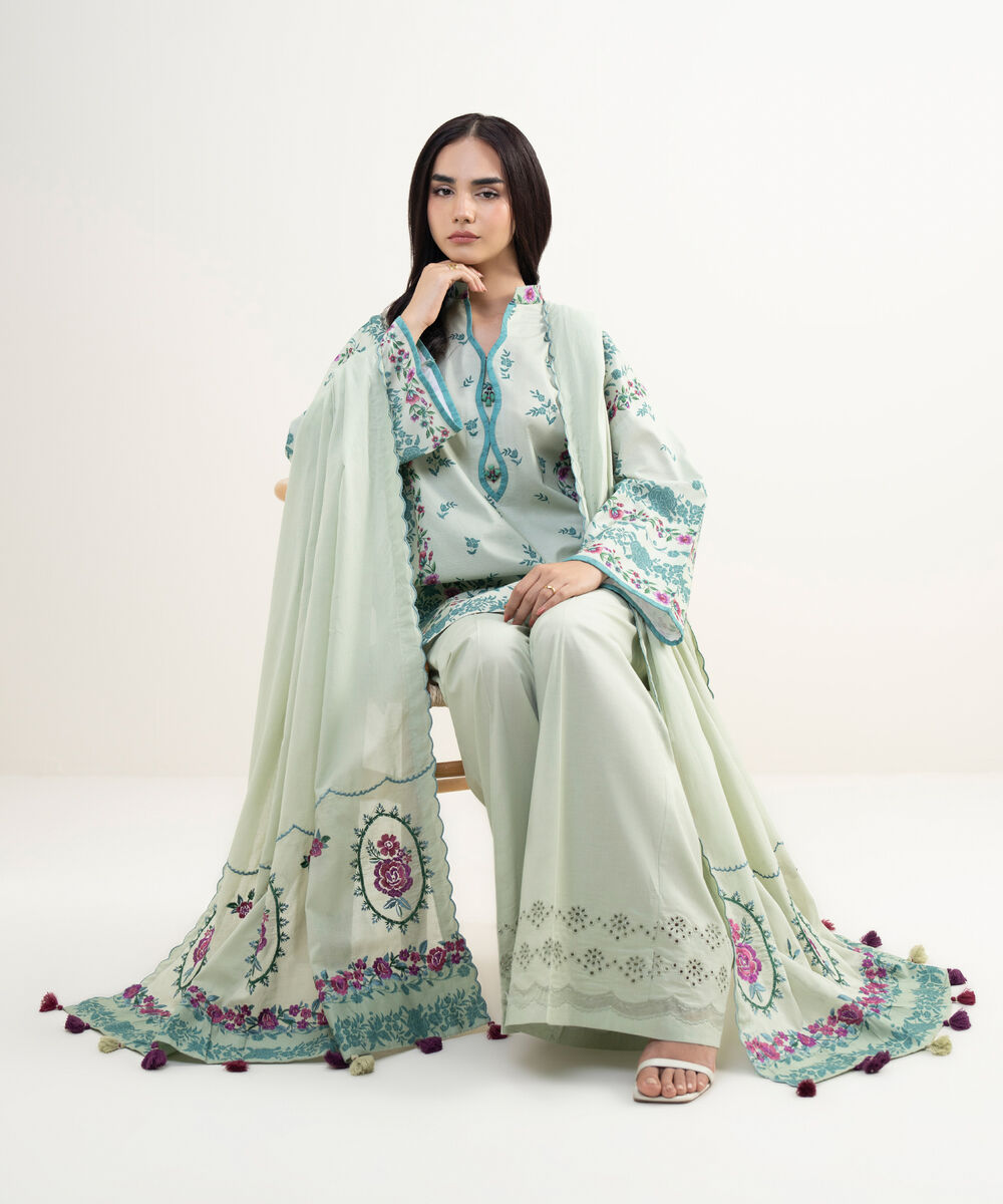 Women's Unstitched Lawn Embroidered Green 3 Piece Suit