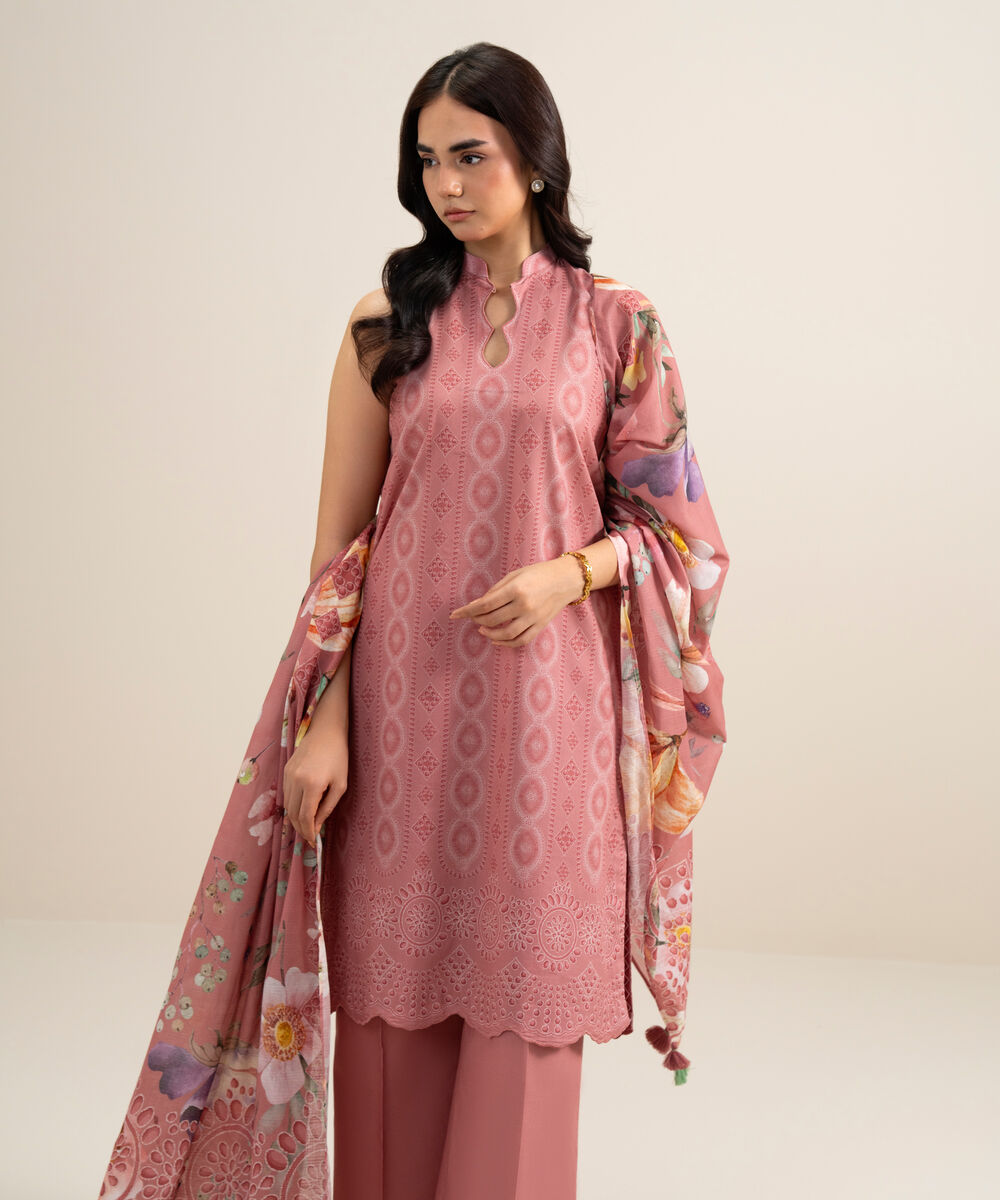 Women's Unstitched Lawn Printed Peach 3 Piece Suit