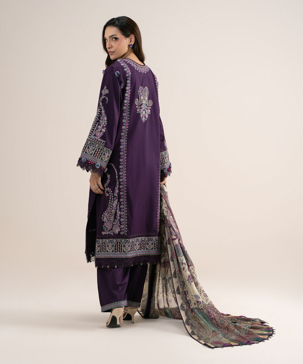 Women's Unstitched Embroidered Fine Cotton Satin Purple 3 Piece Suit