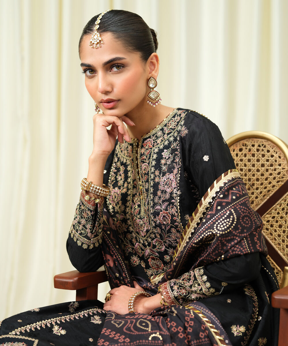 Women's Unstitched Embroidered Viscose Jacquard Black 3 Piece Suit