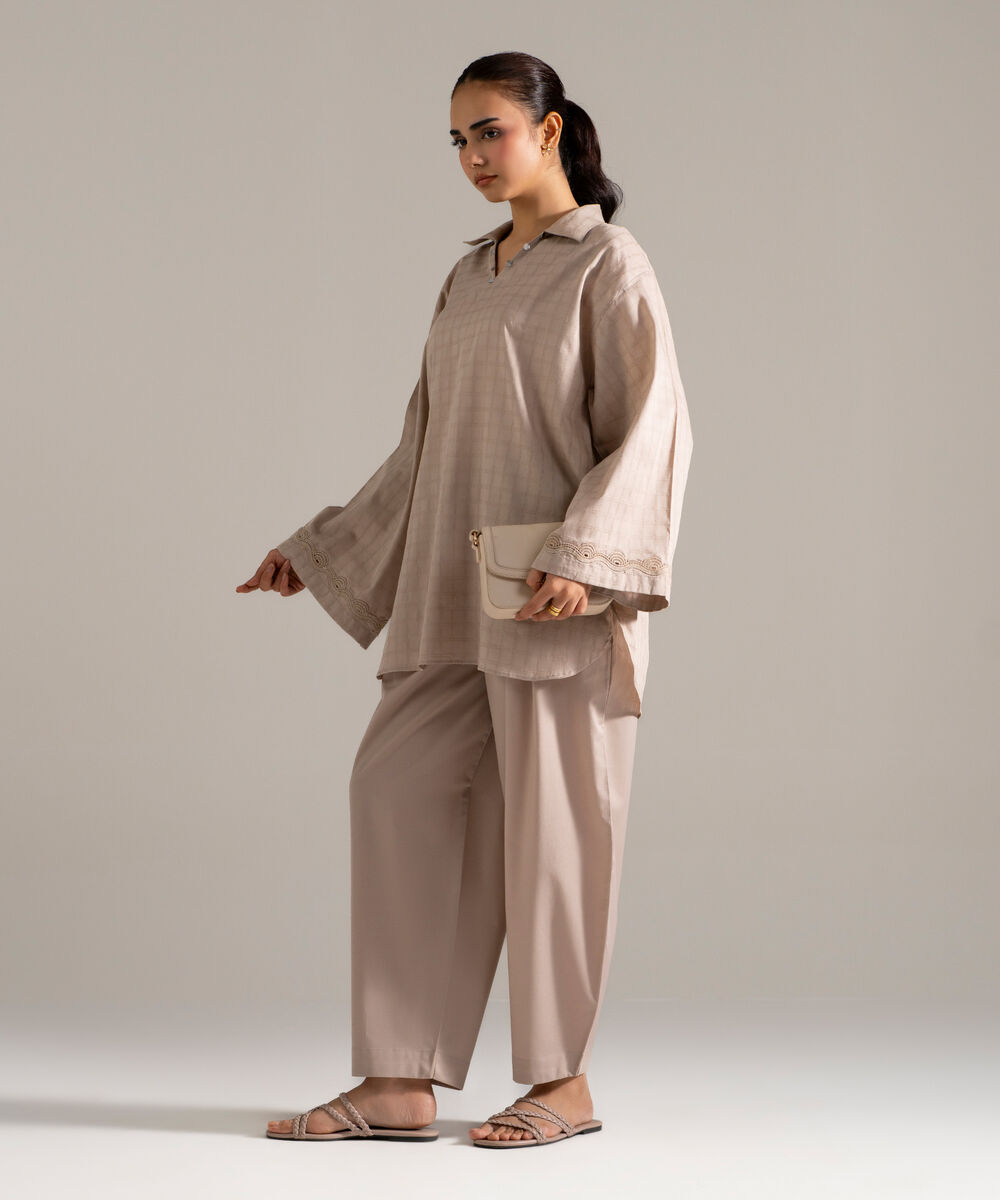 Women's RTW Dobby Printed Grey Drop Shoulder Shirt
