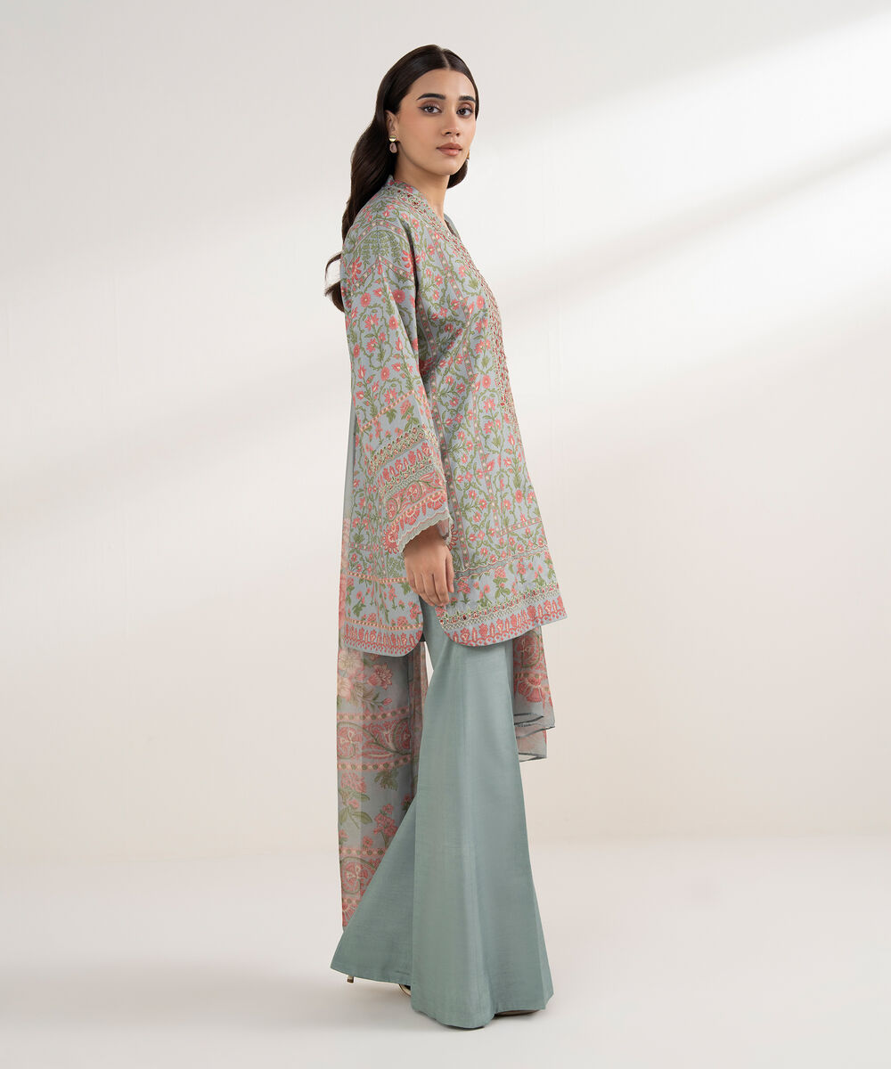 Women's Unstitched Blended Grip Silk Printed Blue 3 Piece Suit