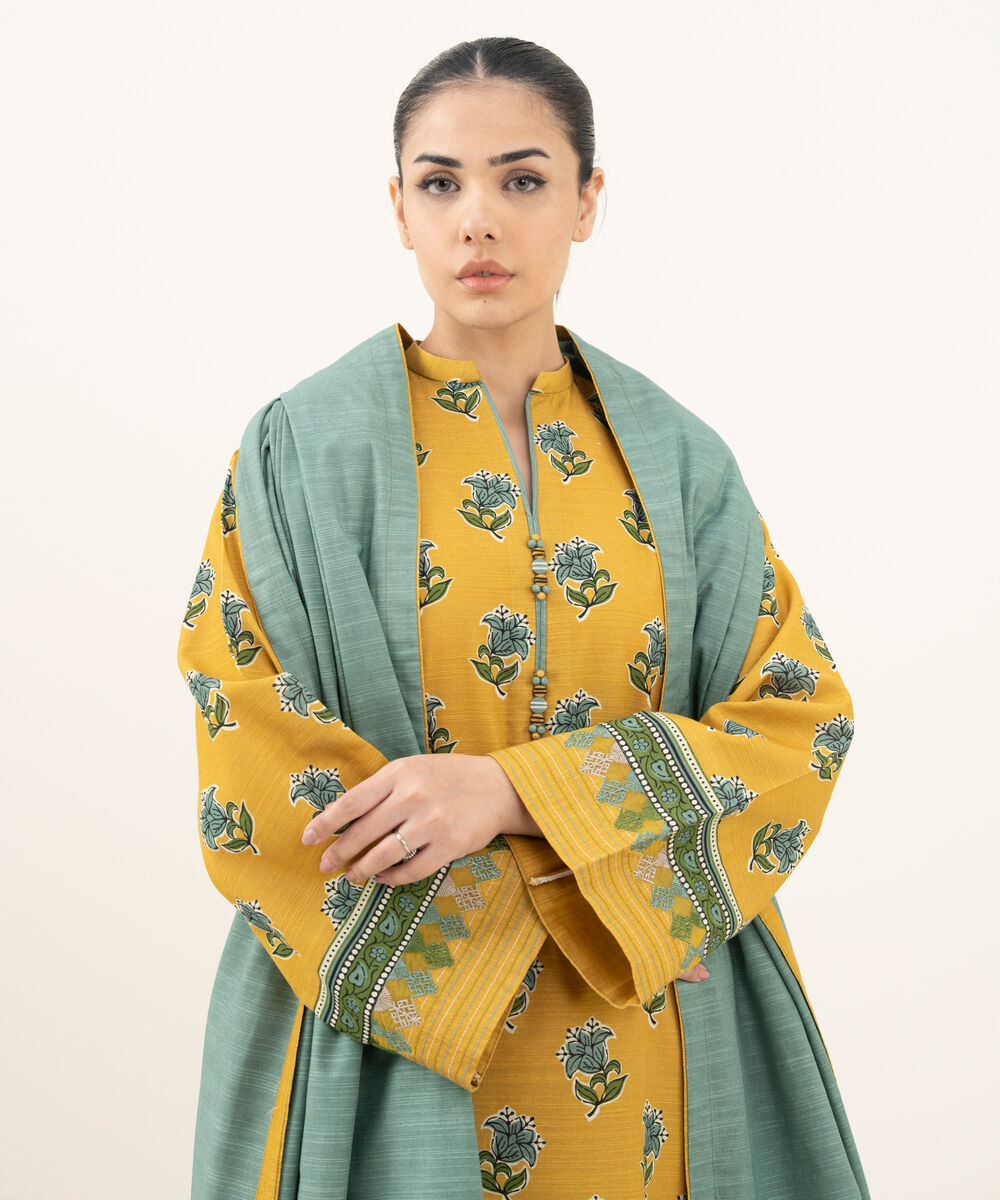 Women's Unstitched Printed Khaddar Mustard 3 Piece Suit