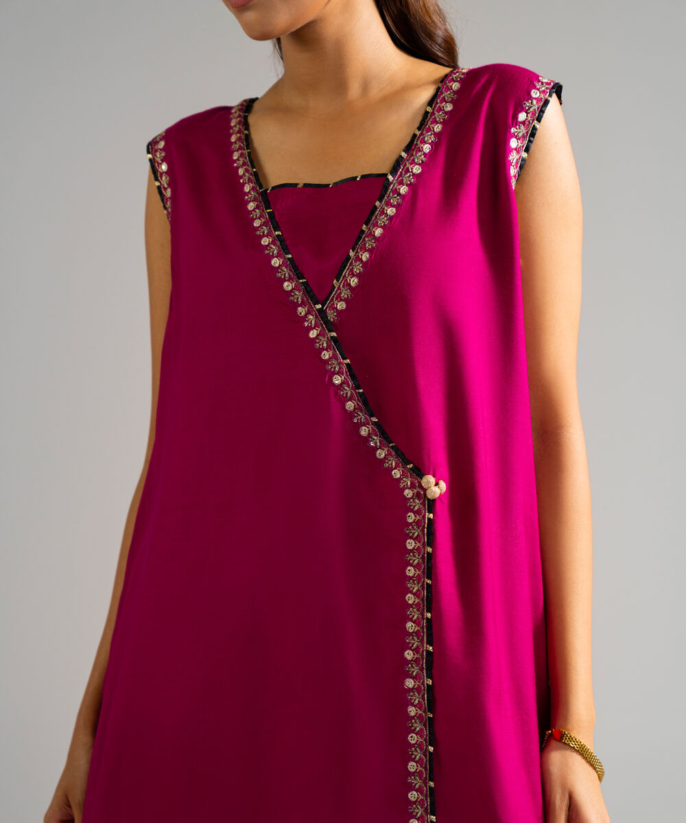 Women's RTW Raw Silk Embroidered Plum 3 Piece Suit