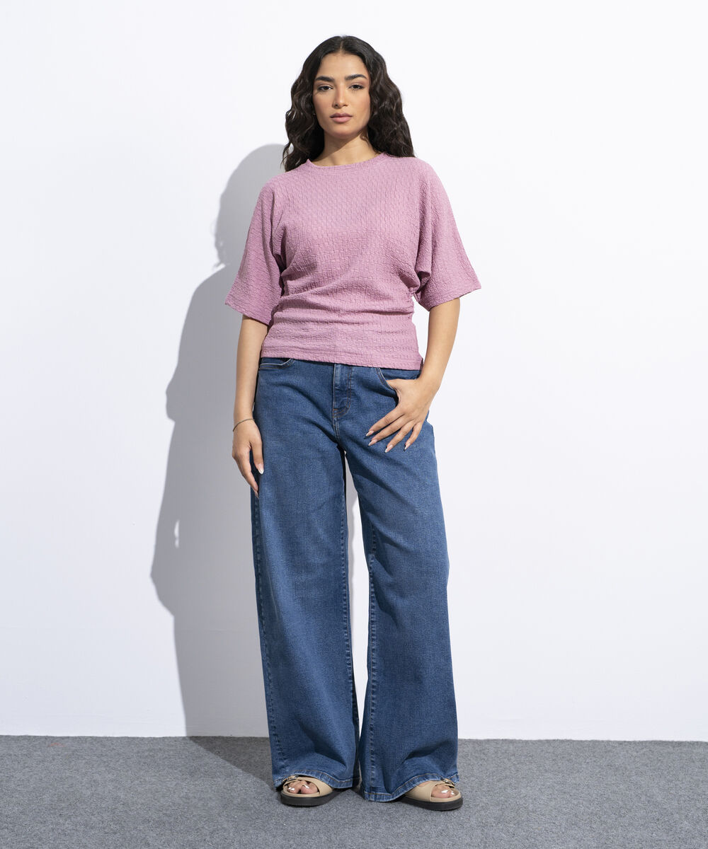 Women's Pink Cinched Waist Textured T-Shirt