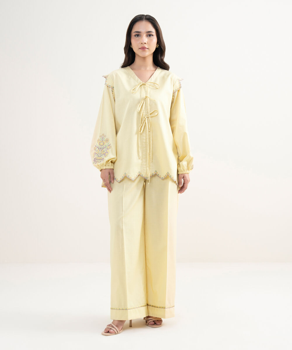Women's RTW Dobby Embroidered Yellow Straight Shirt
