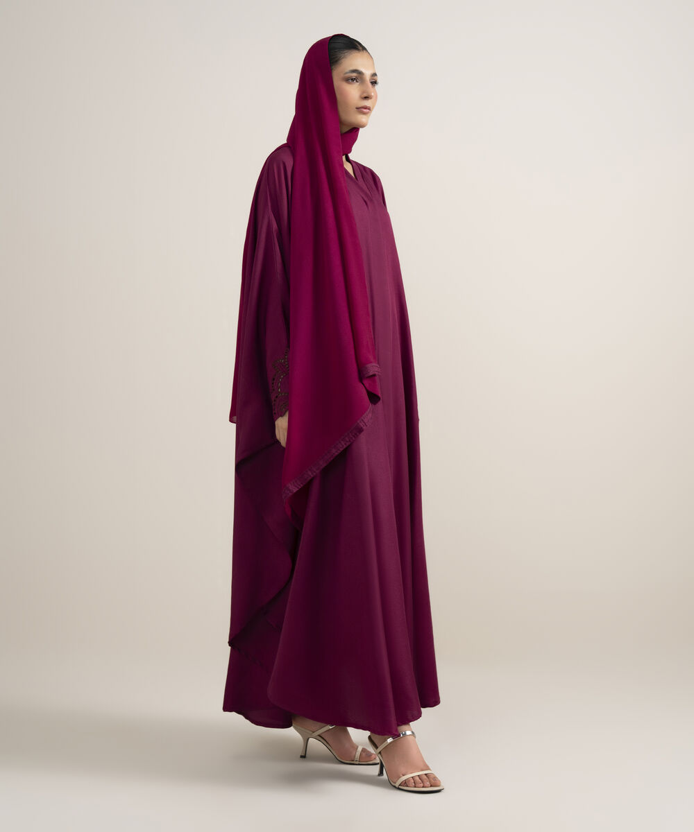 Women's Burgundy Embroidered Kaftan Abaya Set