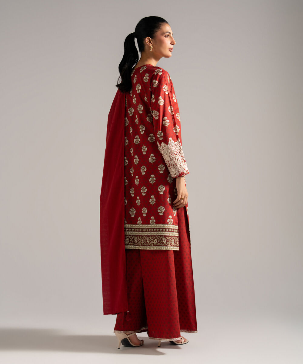 Women's RTW Lawn Embroidered Red 3 Piece Suit