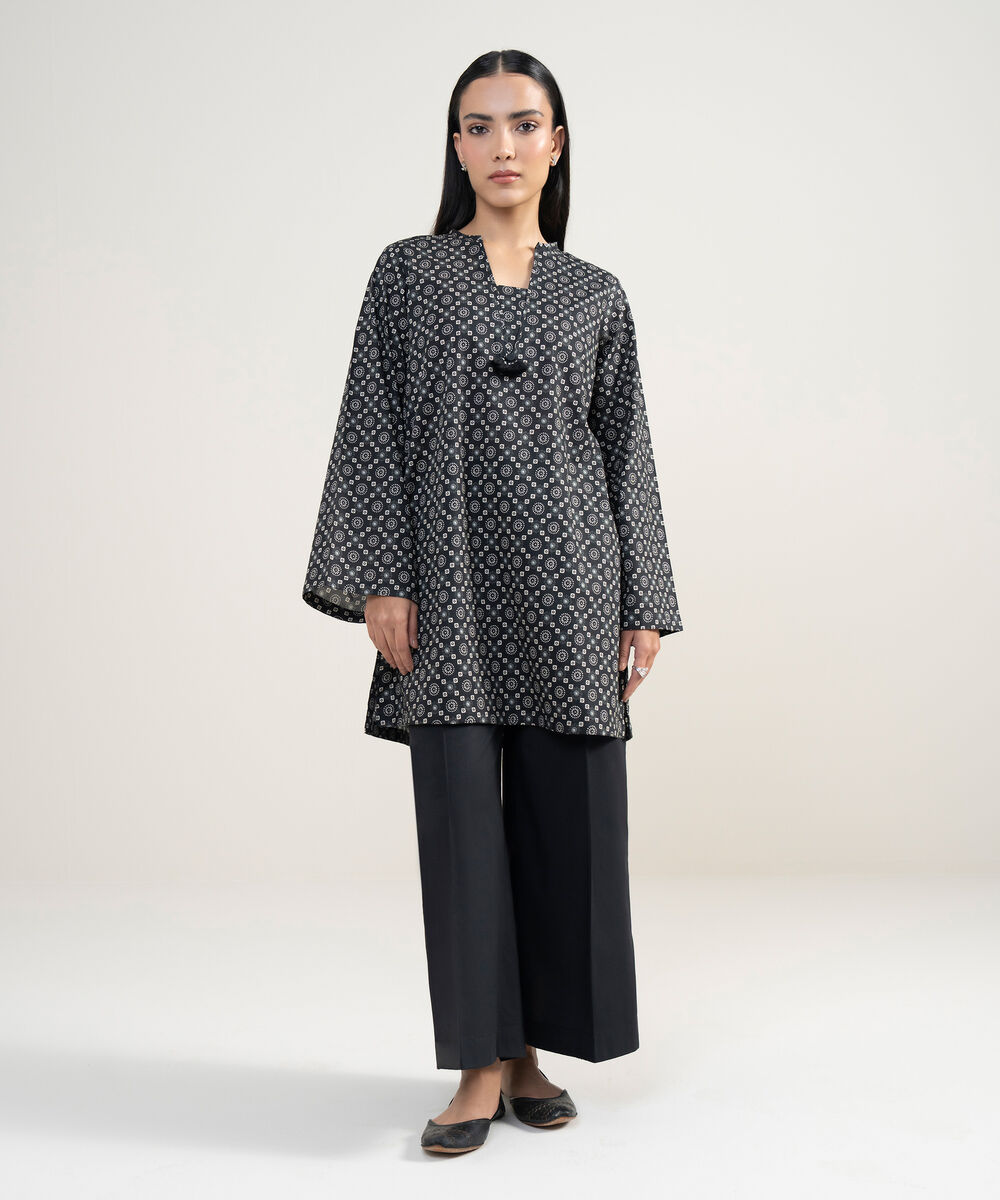 Women's RTW Cambric Printed Black Straight Shirt