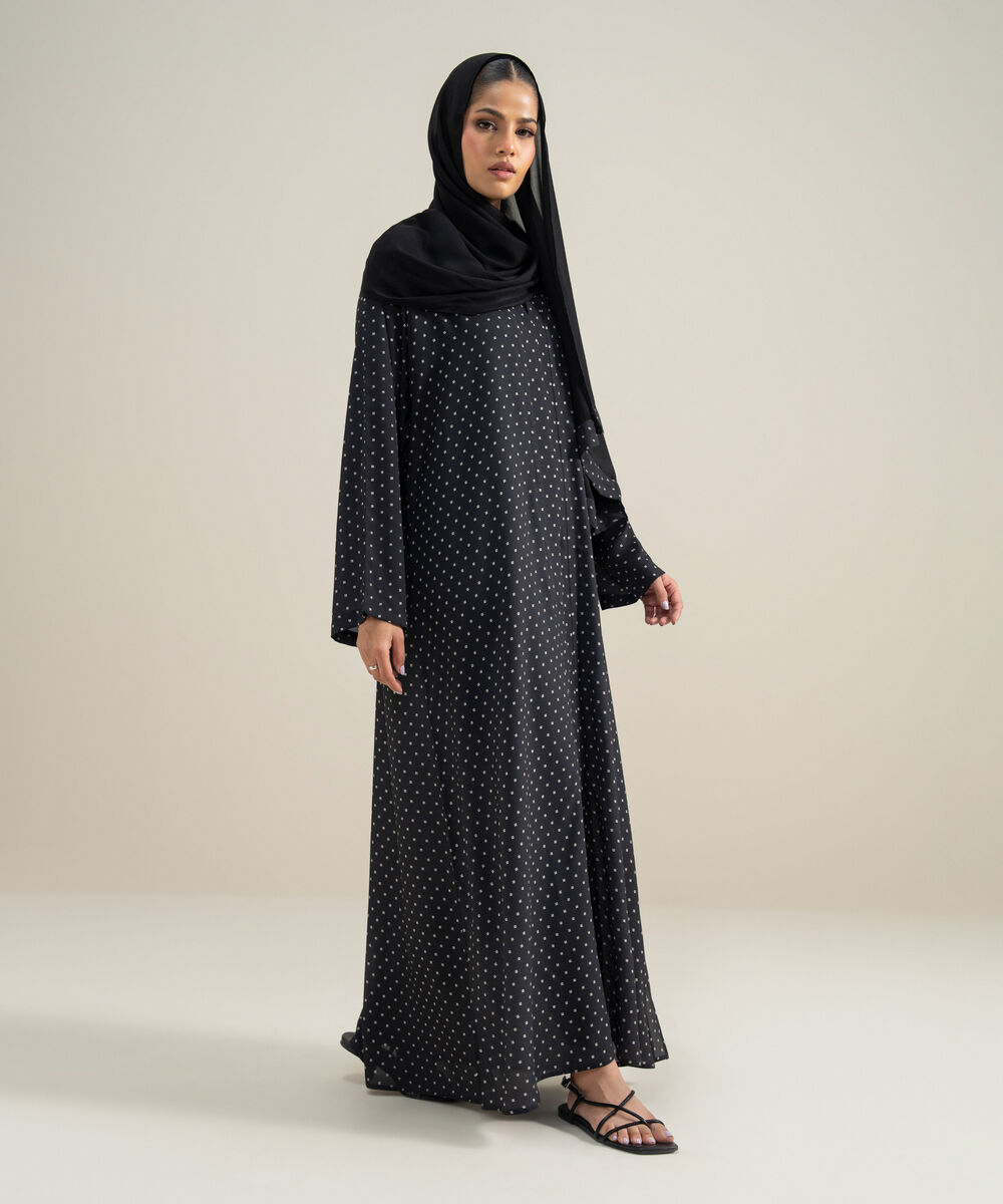 Women's Polyester Black Kimono Printed Abbaya Set