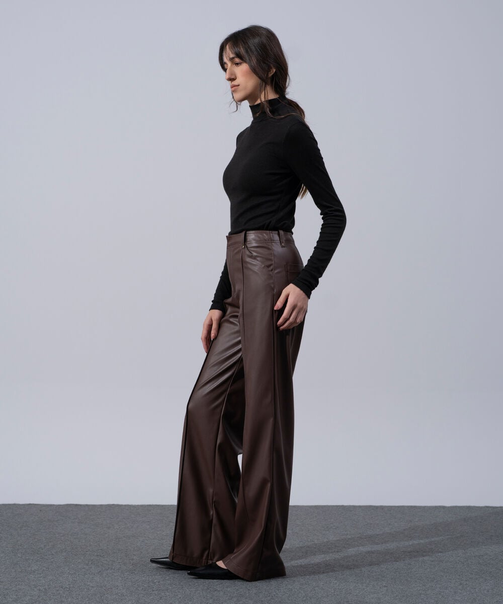 Women's Western Wear Brown Polyester Faux-Leather Straight Fit Trousers