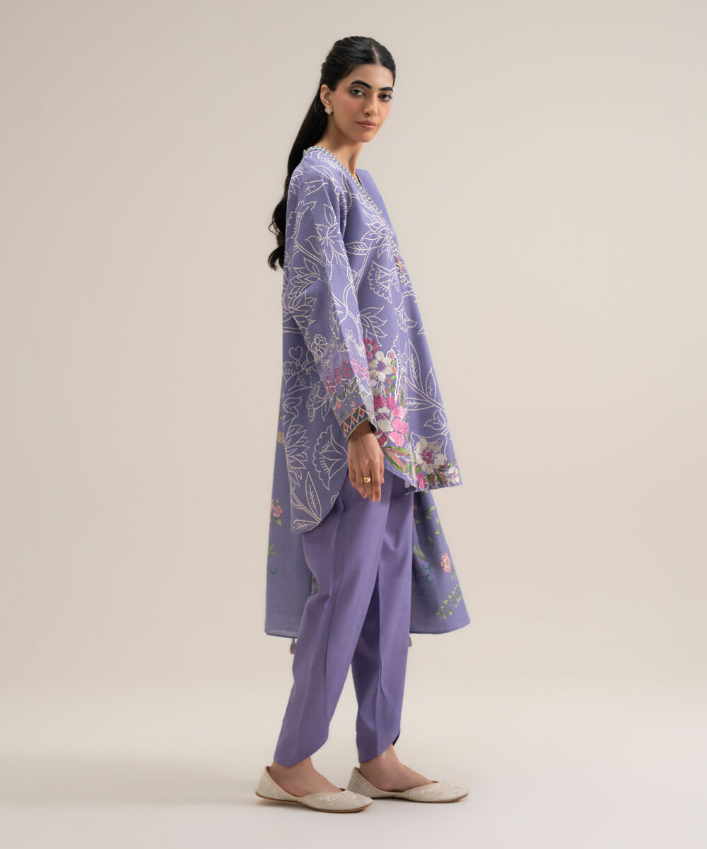 Women's Unstitched Premium Khaddar Embroidered Lilac 3 Piece Suit
