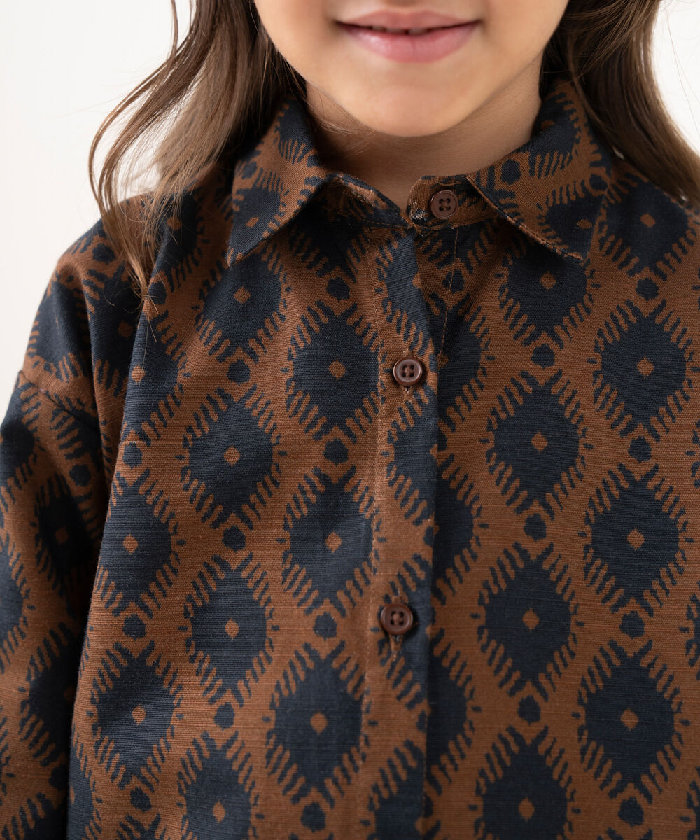 Girl's Light Khaddar Printed Brown 2 Piece Suit