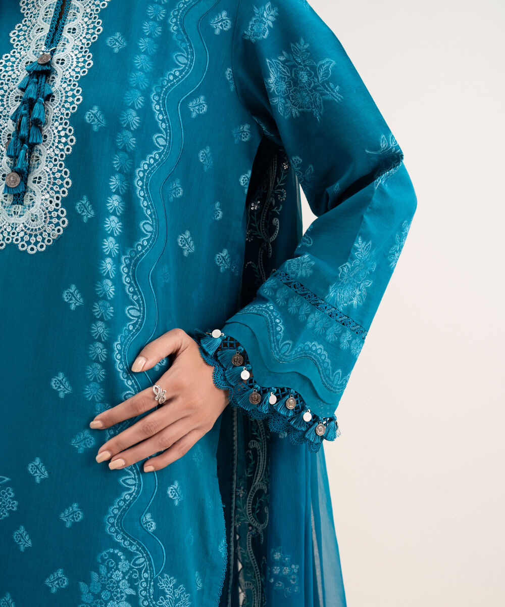 Women's Unstitched Extra Weft Jacquard Embroidered Blue 3 Piece Suit