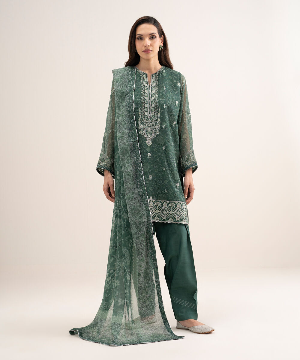 Women's Unstitched Blended Chiffon Embroidered Green 3 Piece Suit