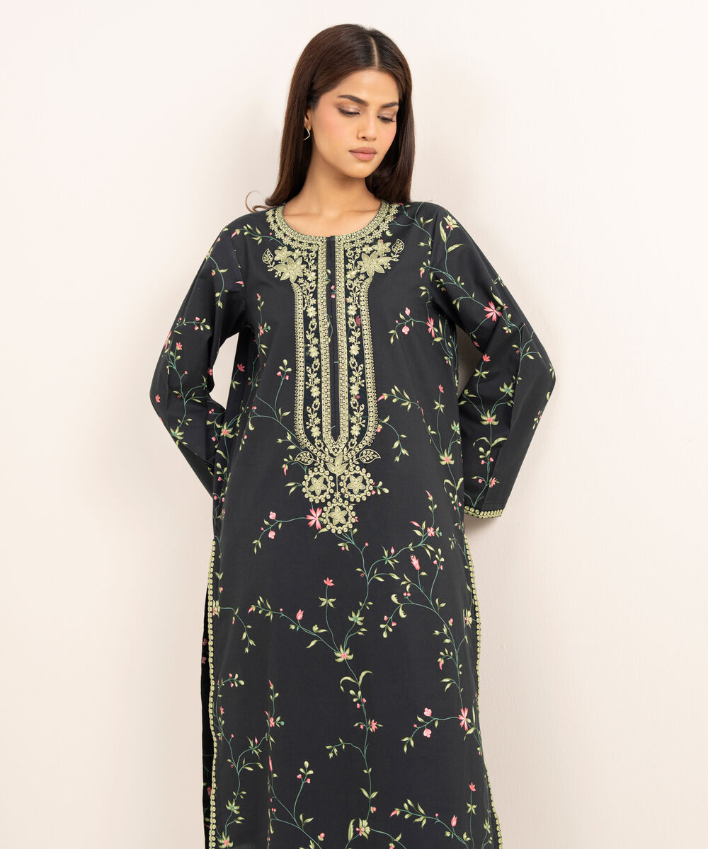 Women's Unstitched Lawn Embroidered Black   2 Piece Suit