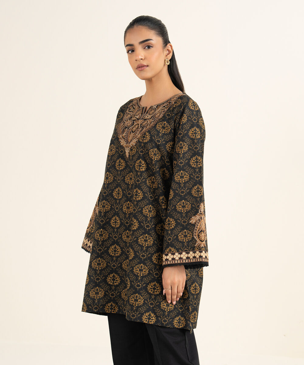 Women's RTW Cotton Embroidered Black A-Line Shirt