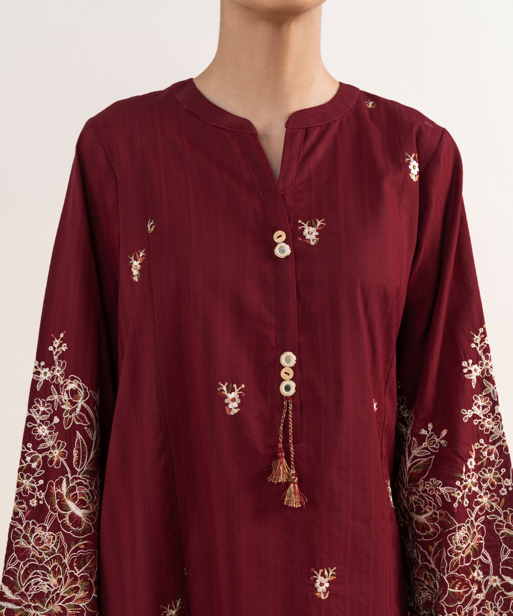 Women's RTW Textured Lawn Maroon Embroidered A-Line Shirt