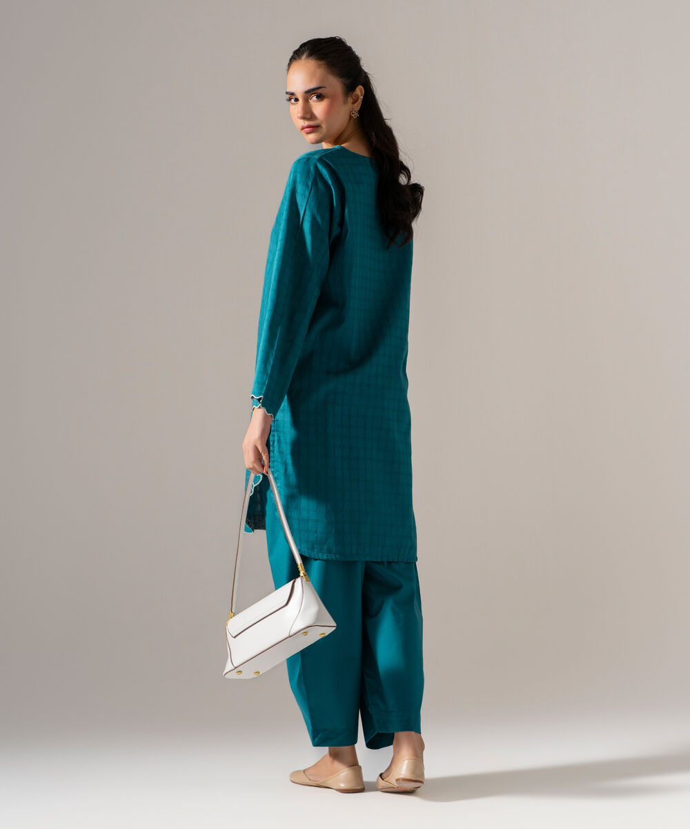 Women's RTW 3D dobby Solid Teal Straight Shirt