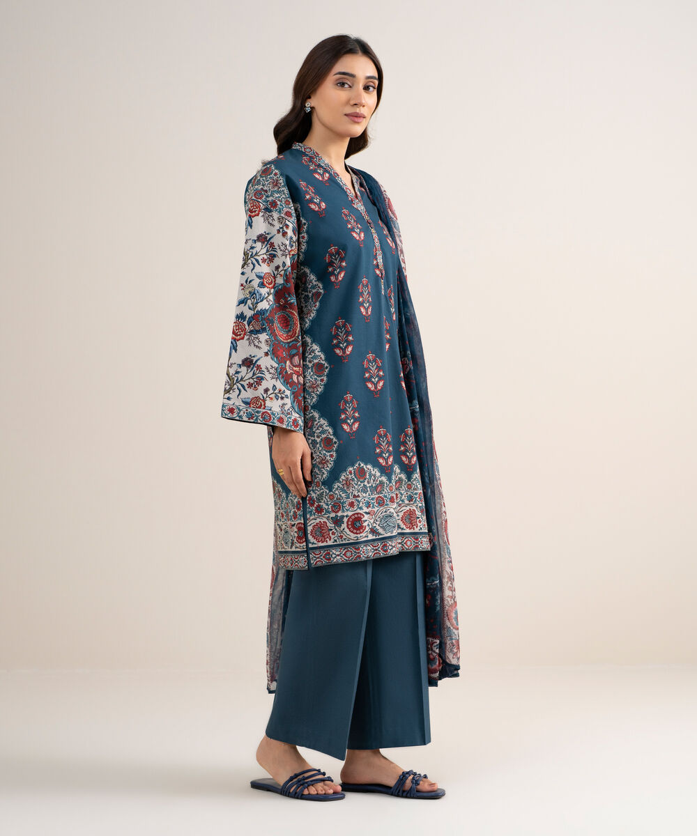 Women's Unstitched Lawn Printed Blue 3 Piece Suit